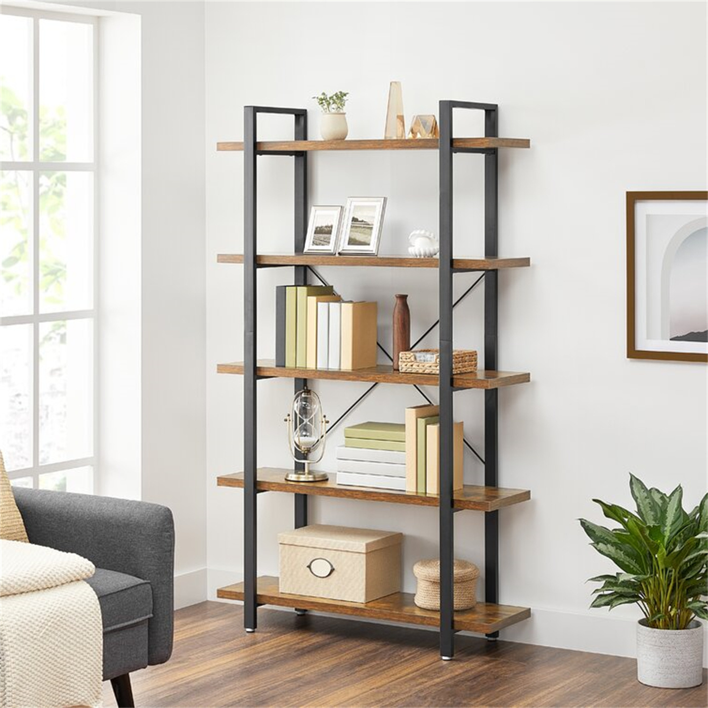 Ladder Shelf 5-Tier Book Shelf Slanted Wall Shelf for Living Room Kitchen Office 105Cm H x 177.5Cm W Steel Standard Bookcase