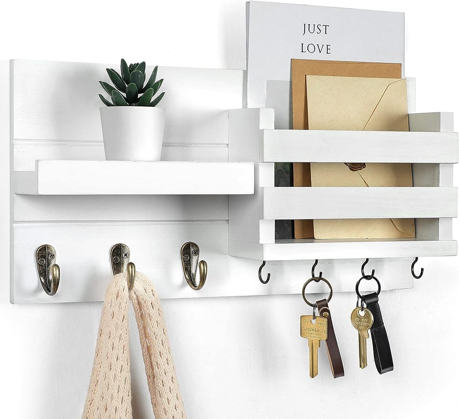 Wall mounted mail storage rack - Keychain with rack including letter clip and hook for coats dog belts -  Country style