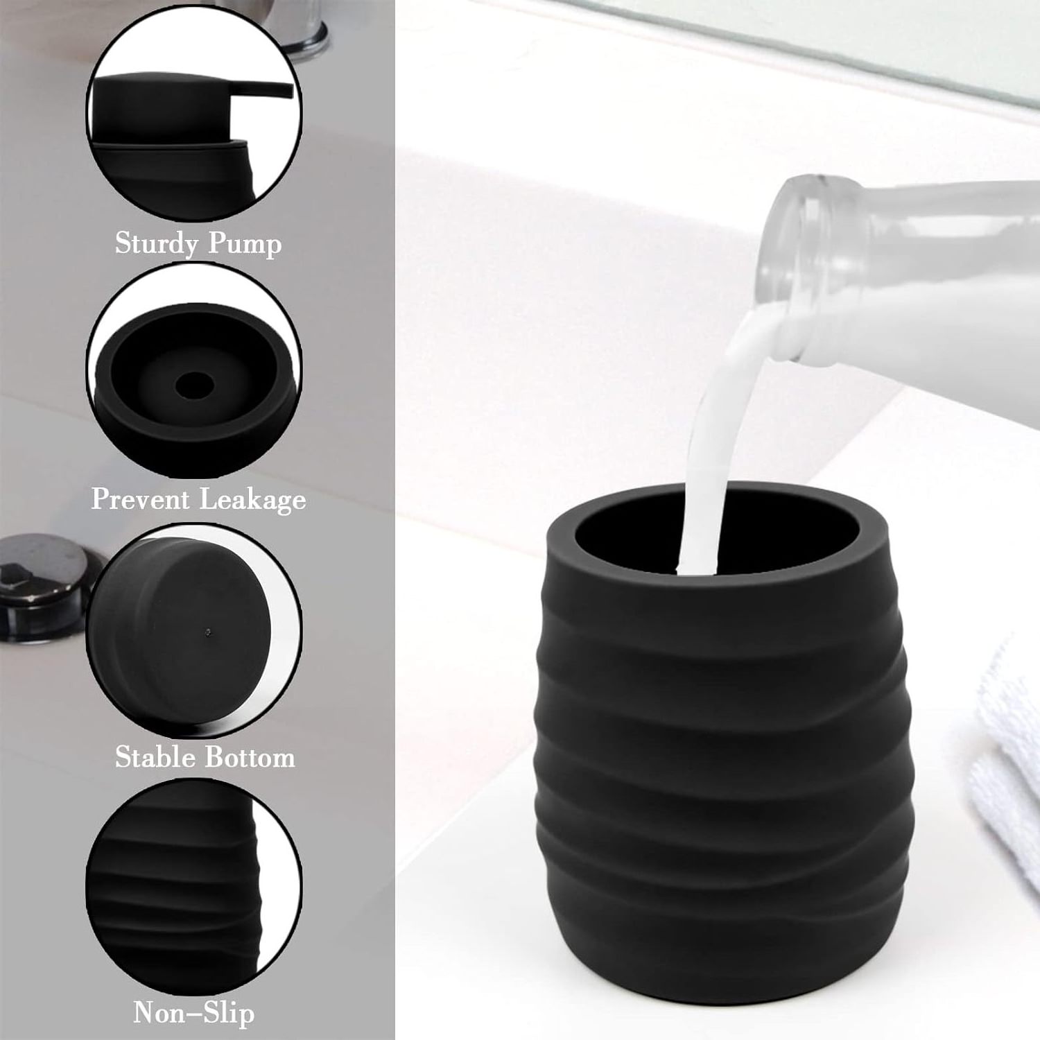 7.7oz Black Hand Soap Dispenser Plastic Pump Rust Resistant Leak Proof Non-Slip Refillable Liquid Hand Sanitizer Dispenser