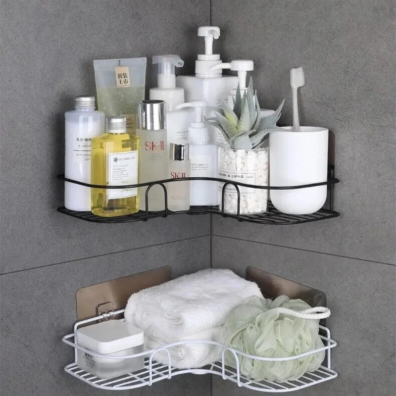 Wall Mounted Bathroom Corner Storage Shelf Corner No Drilling Shower Caddy With Hooks Shower Caddy Corner