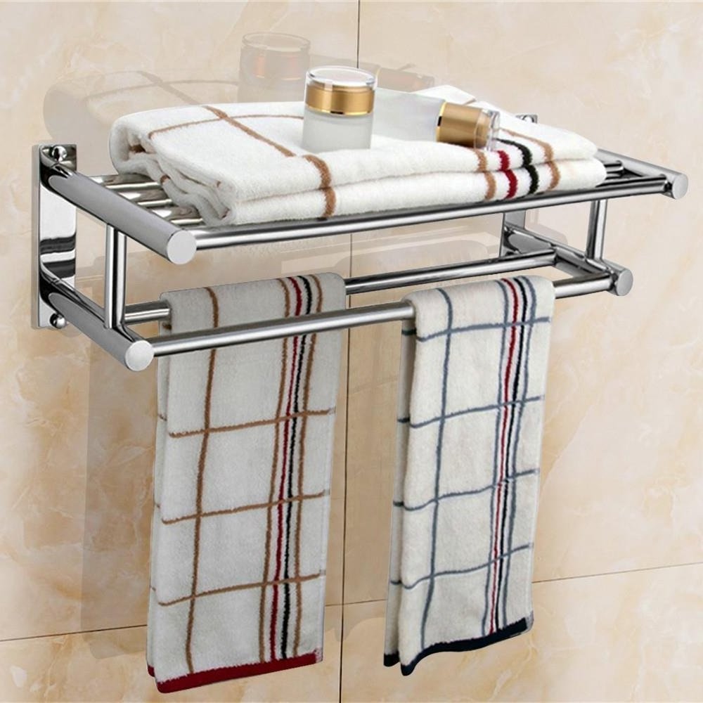 Stainless Steel Plated Decorative Wall Mounted Bathroom Double Towel Storage Rail Holder Rack Folding Movable Bath Towel Bar