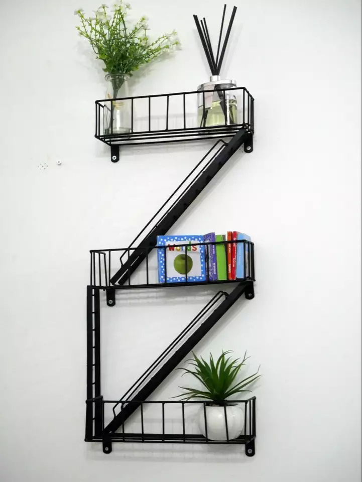 FireEscape Shelf Hot Sale Black Metal Display Wall Shelf Wall Mounted Decorative Rack