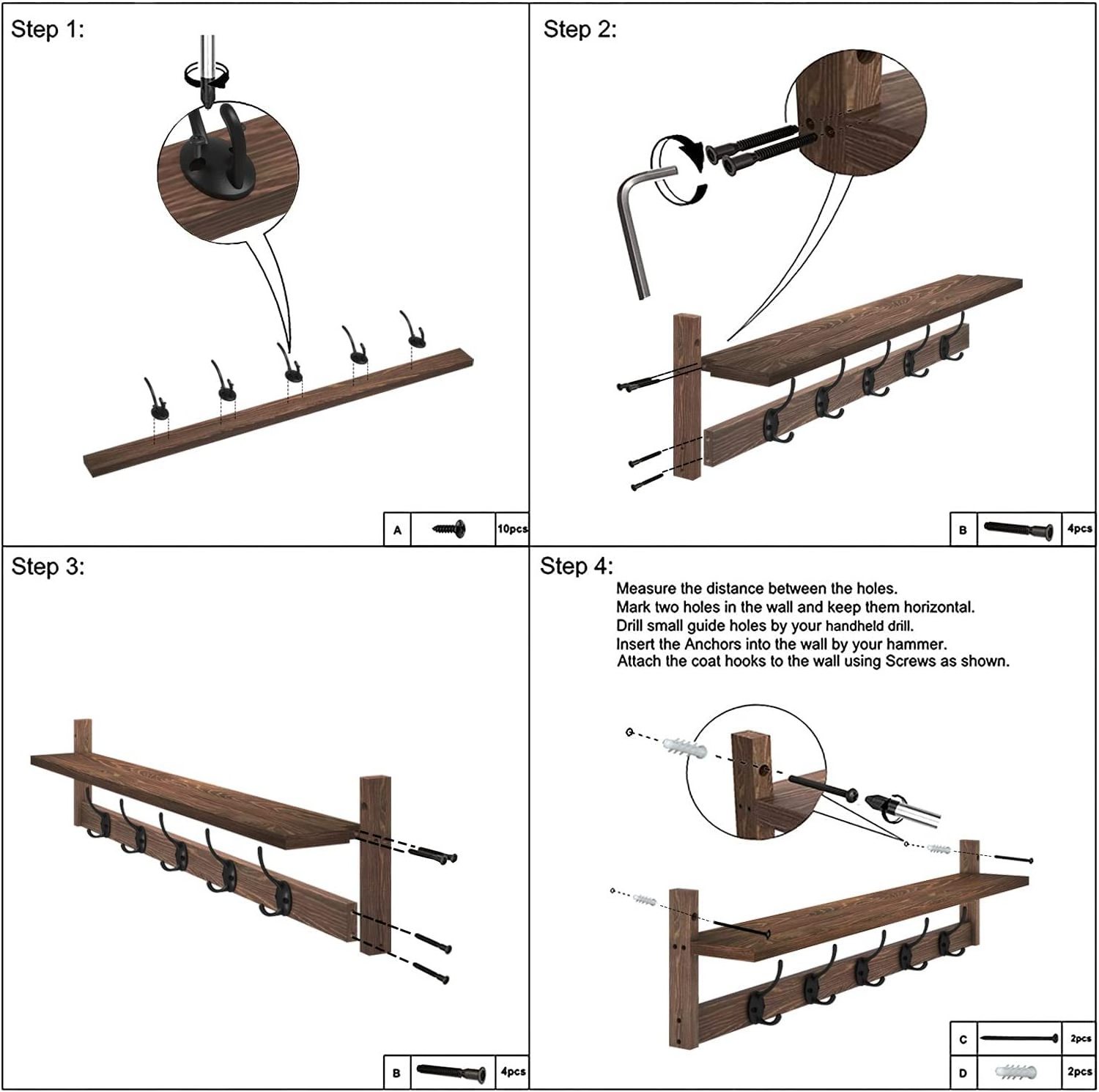 Wall Hooks with Shelf 28.9 Inch Length Entryway Wall Hanging Shelf Wood Coat Hooks for Wall