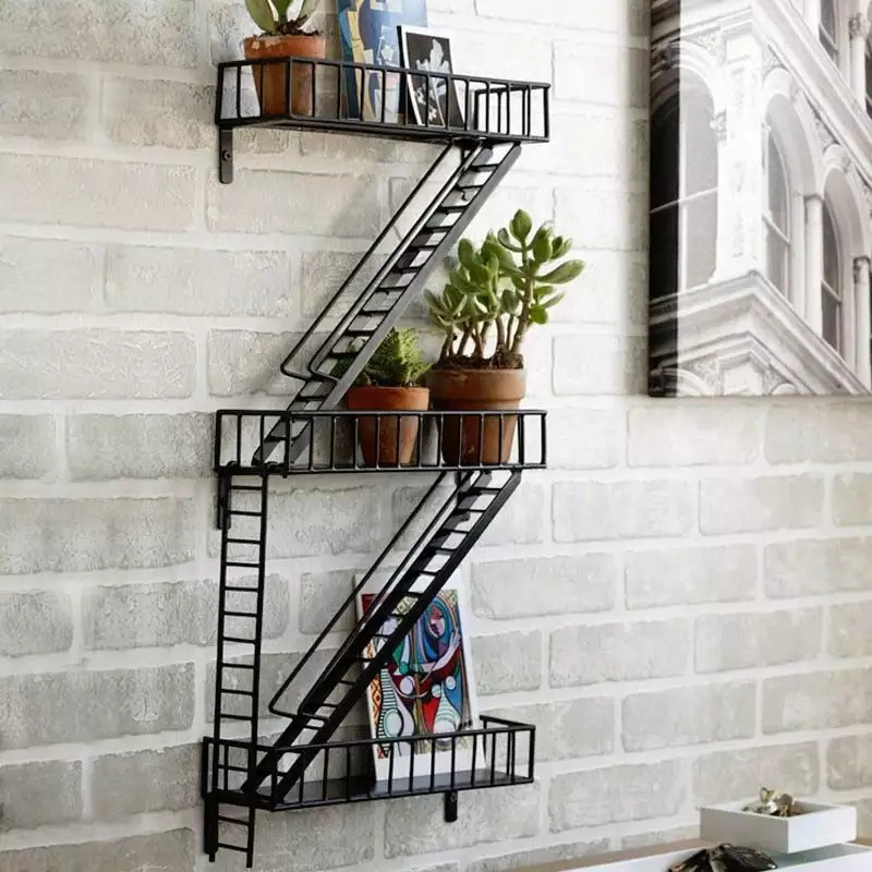 FireEscape Shelf Hot Sale Black Metal Display Wall Shelf Wall Mounted Decorative Rack