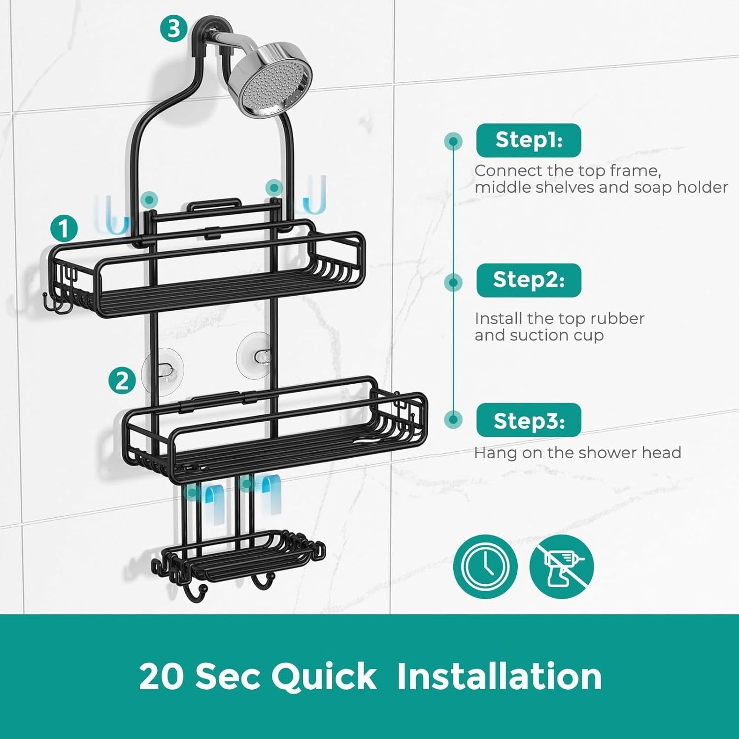 Adjustable 3 Tier Baskets Large Rust Proof Bathroom Shelf Hanging Shower Organizer Soap Holder