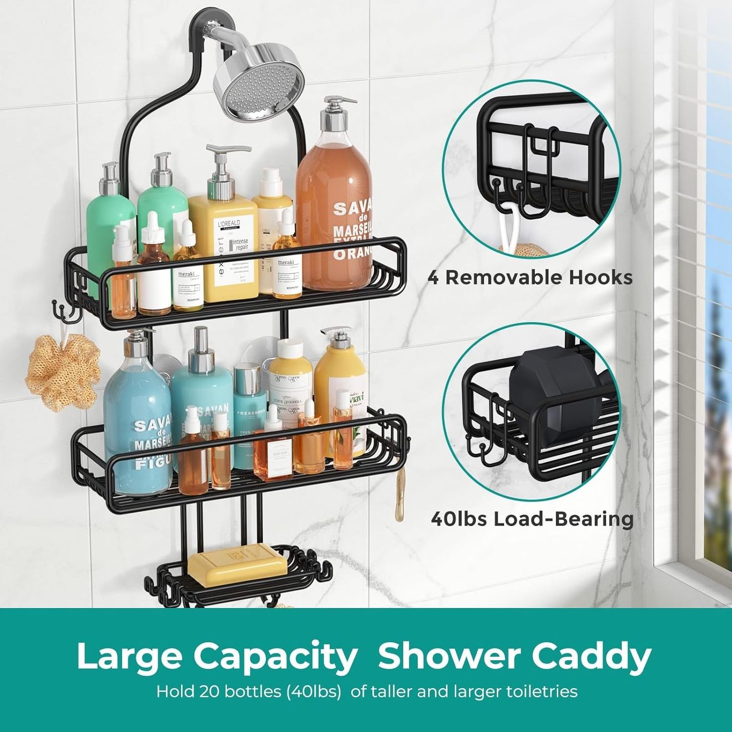 Adjustable 3 Tier Baskets Large Rust Proof Bathroom Shelf Hanging Shower Organizer Soap Holder