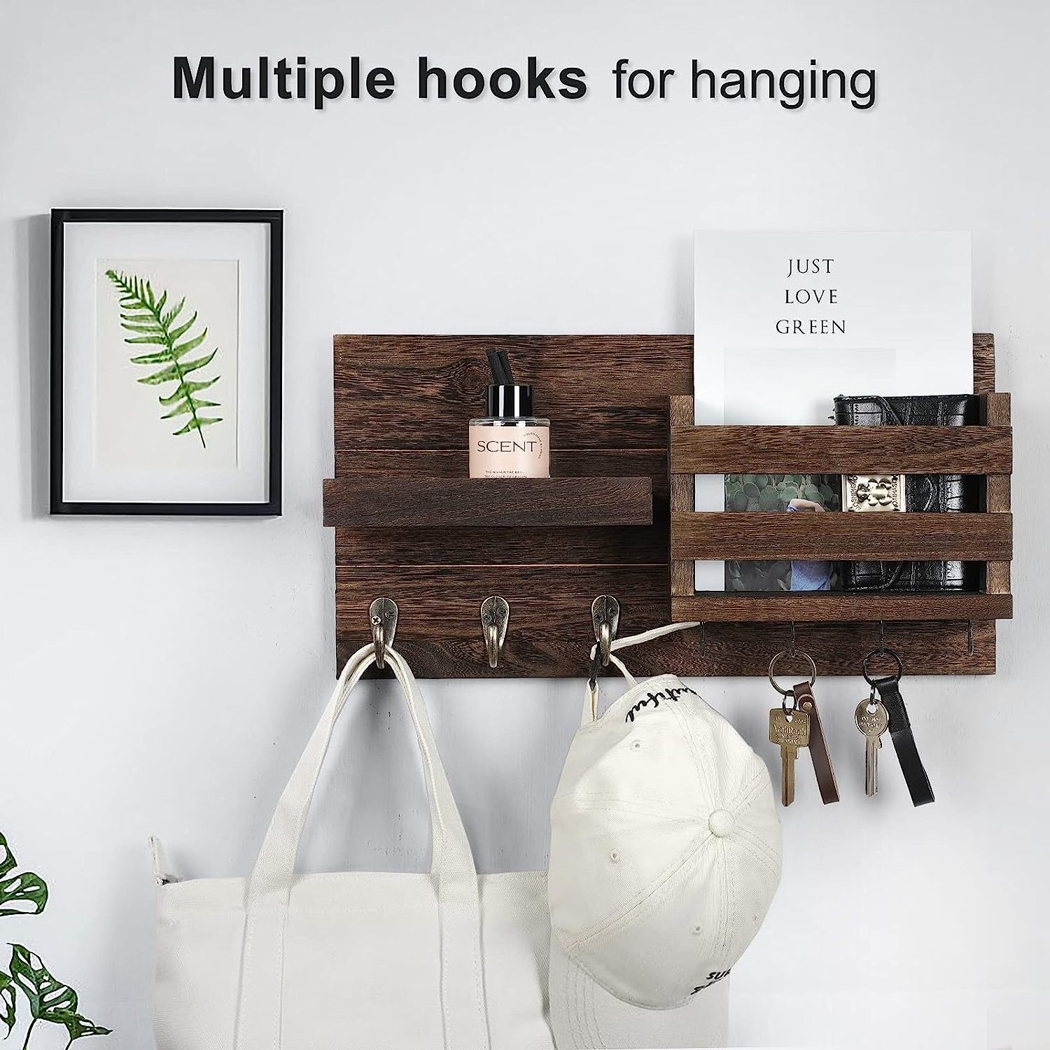 Wall mounted mail storage rack - Keychain with rack including letter clip and hook for coats dog belts -  Country style