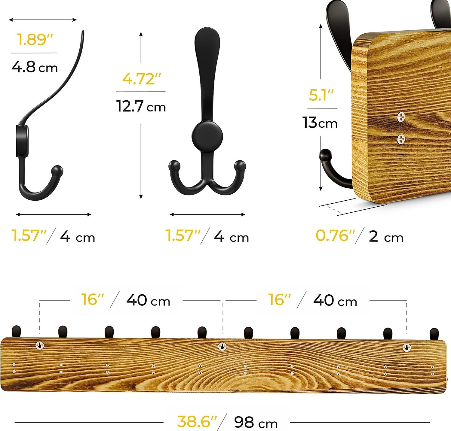 Wooden Coat Rack with 5 Metal Hanging Hooks 17 Inch  High Quality Solid Pine Wood