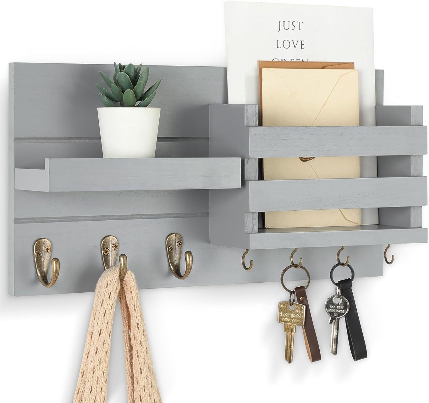 Wall mounted mail storage rack - Keychain with rack including letter clip and hook for coats dog belts -  Country style