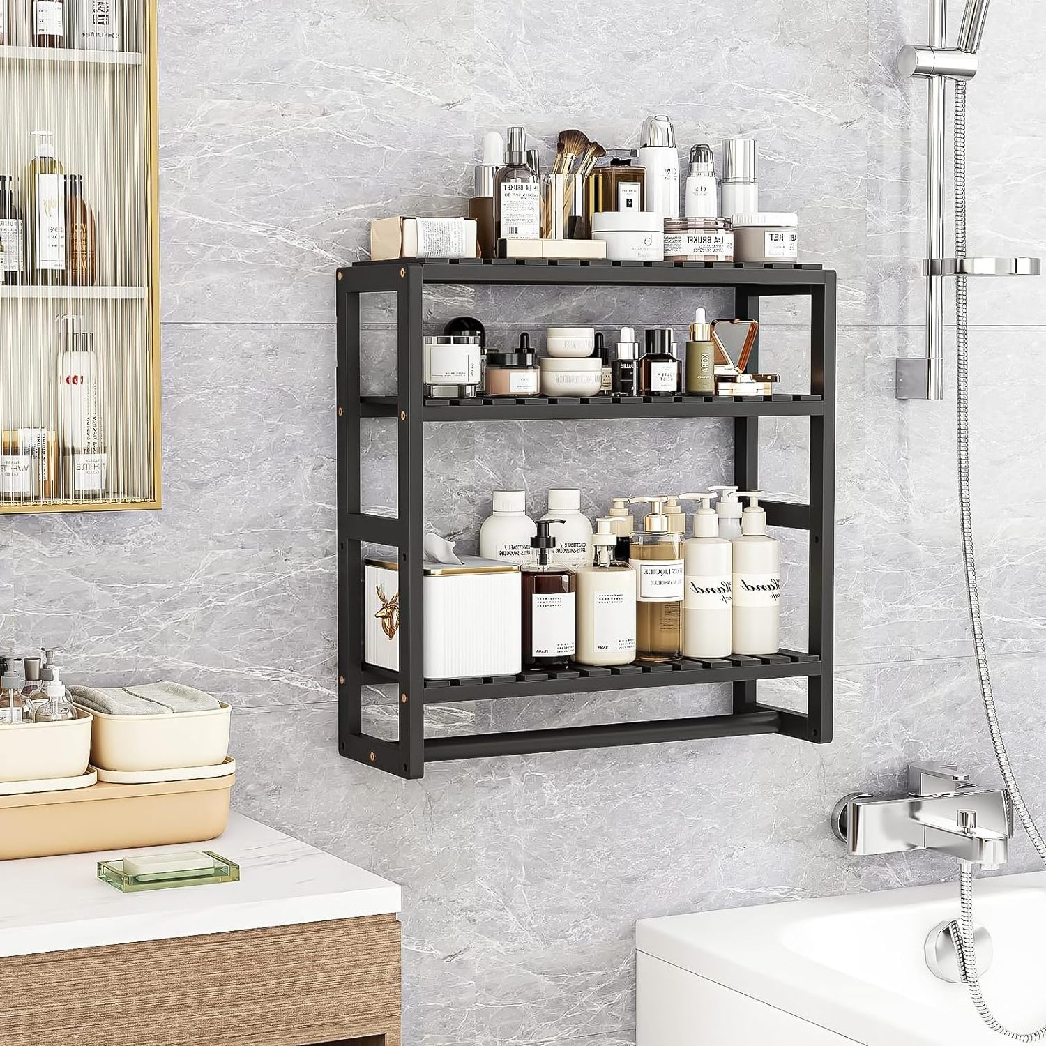 Bathroom Storage Shelves Organizer Adjustable 3 Tiers Over The Toilet Storage Floating Shelves for Wall Mounted