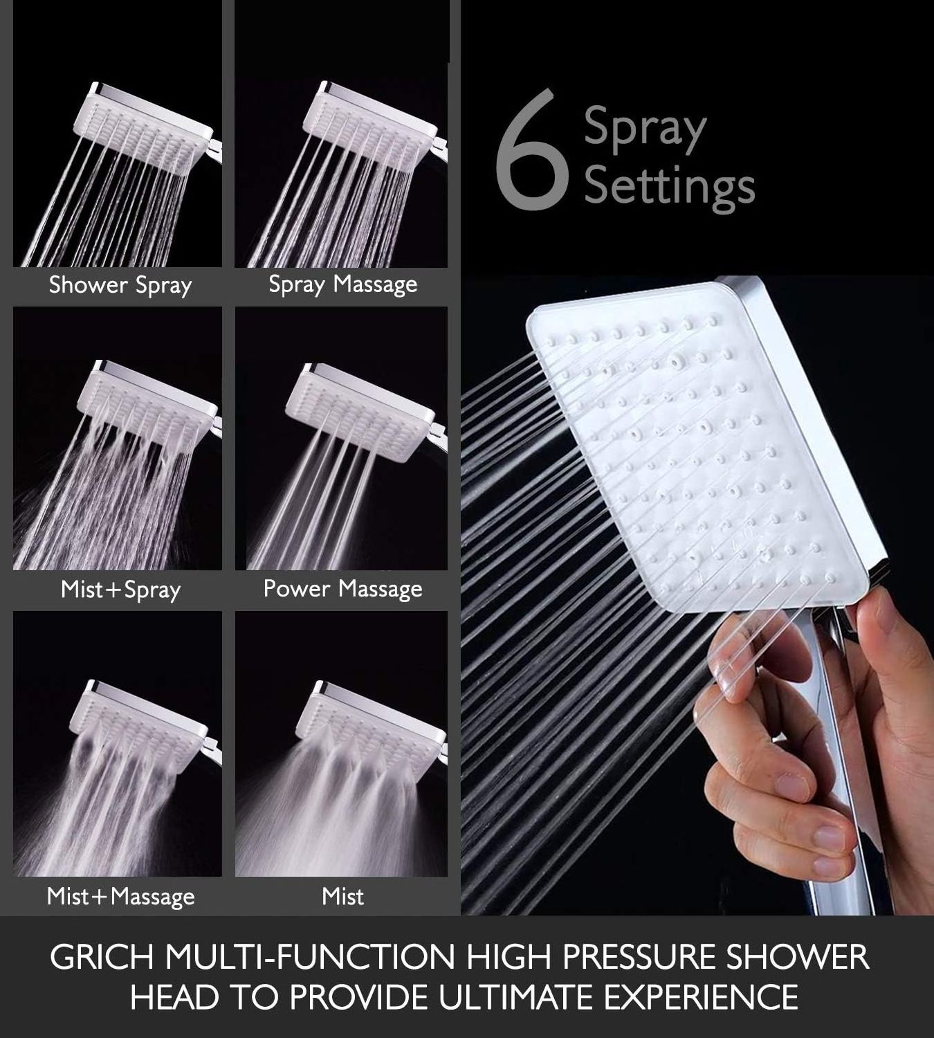 Bathroom Accessories Shower Head 6 Spray Modes Settings Handheld Rainfall Hand Shower Head With Hose And Bracket