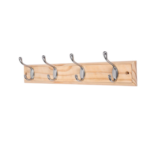 4-Satin Nickel Hooks on White Wooden Board Wall Mounted Coat Hook Rack Hanger