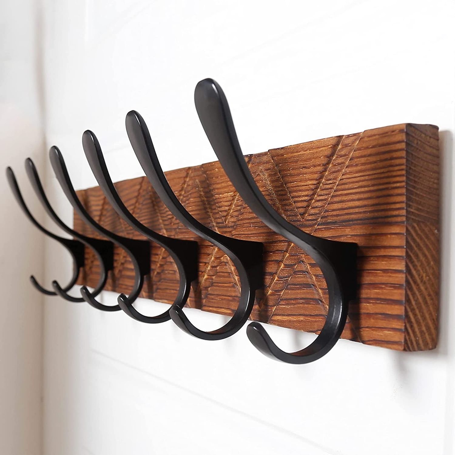 Wall Coat Rack - Antique Wood Carved - Cross Hook for Coats, Hats, Clothes, Scarves, Brown and Black