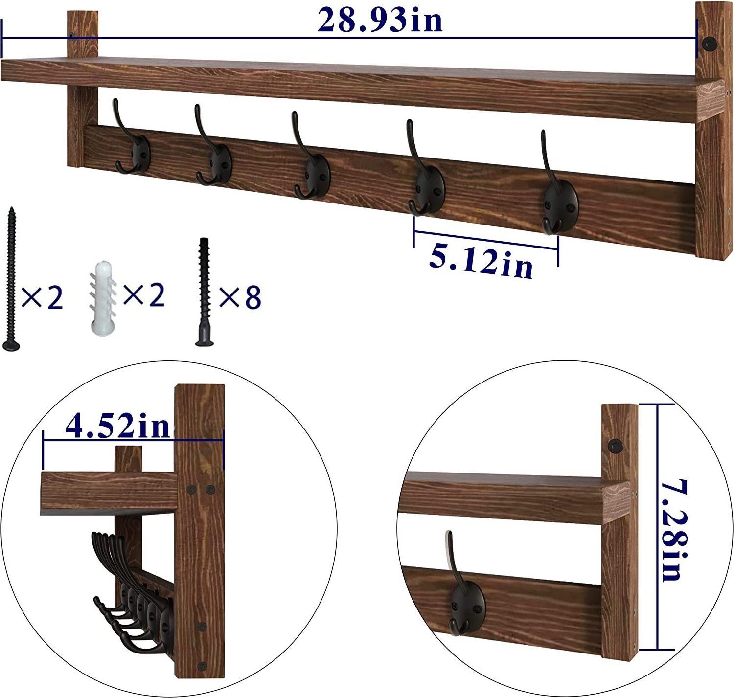 Wall Hooks with Shelf 28.9 Inch Length Entryway Wall Hanging Shelf Wood Coat Hooks for Wall