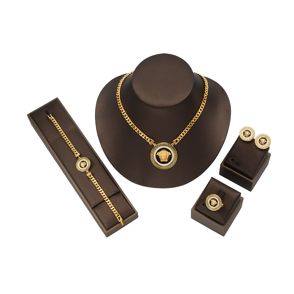 JH 2023 Fashion 24K Gold Plated Badge Design Necklace Bracelet Earrings Ring 4Pcs Jewelry Set