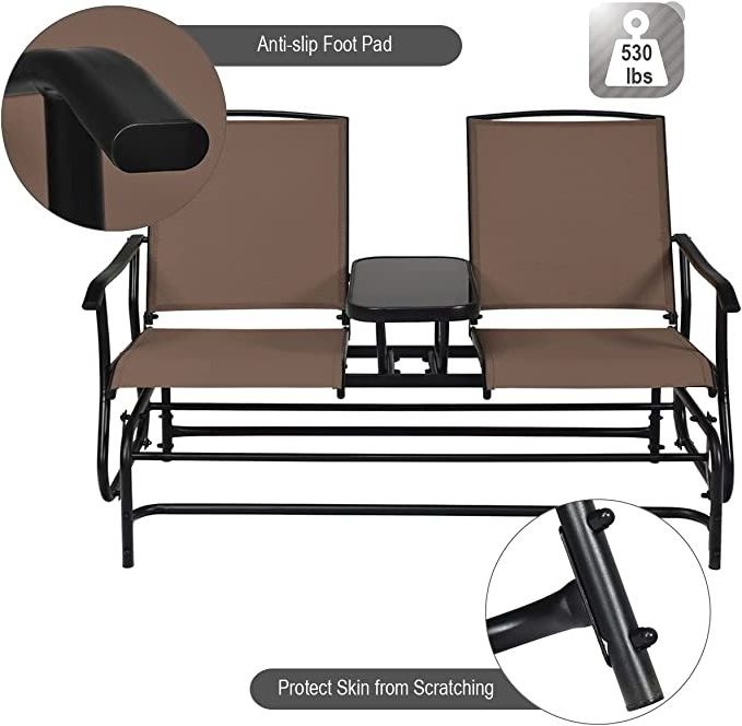 Patio Bench Glider Chair with Metal Frame, Center Tempered Glass Table, Outside Double Rocking Swing Loveseat for Porch