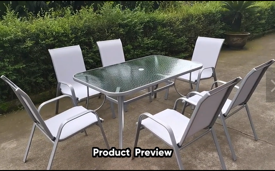 8Pcs Outdoor Garden Dining Chair Rectangular Table 6 Seater Patio Furniture Set with Umbrella