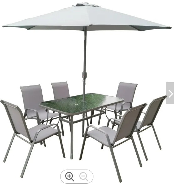 8Pcs Outdoor Garden Dining Chair Rectangular Table 6 Seater Patio Furniture Set with Umbrella