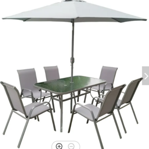 8Pcs Outdoor Garden Dining Chair Rectangular Table 6 Seater Patio Furniture Set with Umbrella