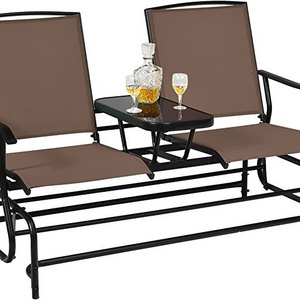 Patio Bench Glider Chair with Metal Frame, Center Tempered Glass Table, Outside Double Rocking Swing Loveseat for Porch