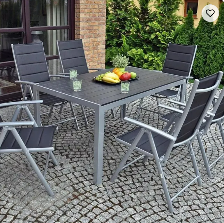 French style 7pcs garden dining set with rectangular ceramic tile top table conical feet and folding 7-position dining chairs