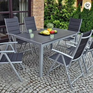 French style 7pcs garden dining set with rectangular ceramic tile top table conical feet and folding 7-position dining chairs