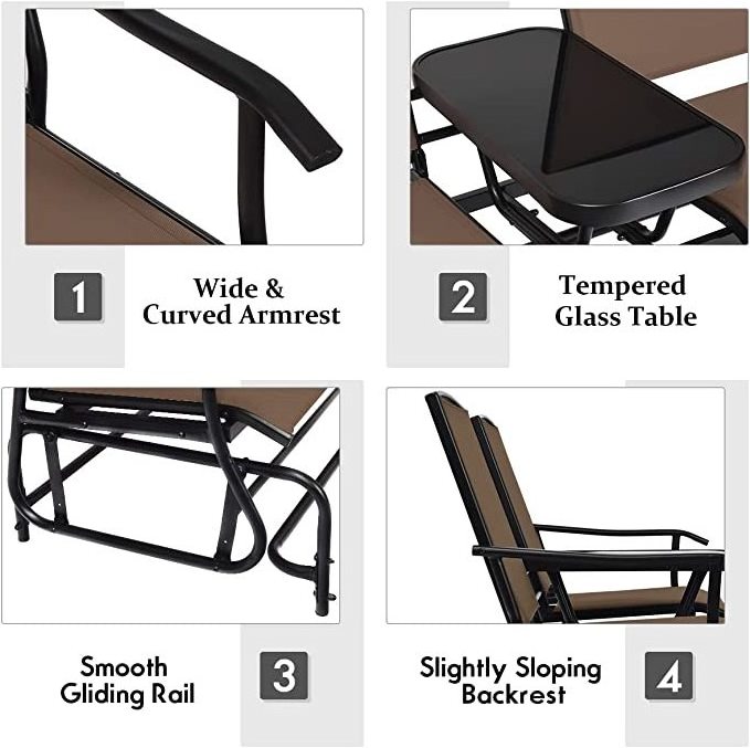 Patio Bench Glider Chair with Metal Frame, Center Tempered Glass Table, Outside Double Rocking Swing Loveseat for Porch