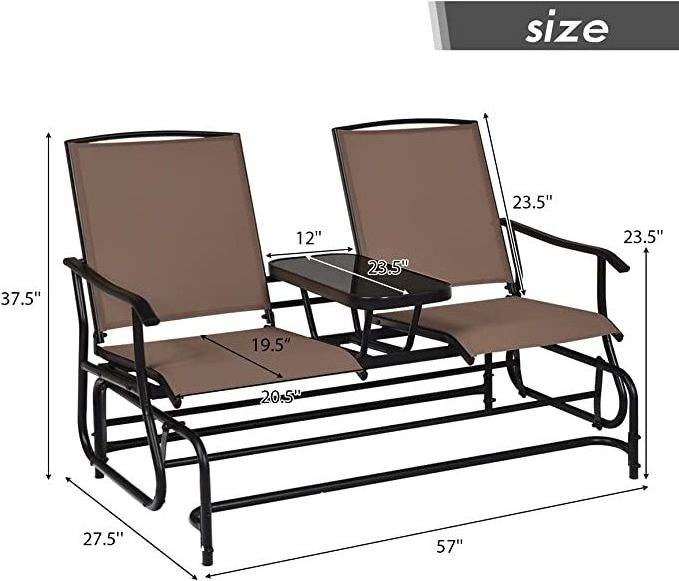 Patio Bench Glider Chair with Metal Frame, Center Tempered Glass Table, Outside Double Rocking Swing Loveseat for Porch