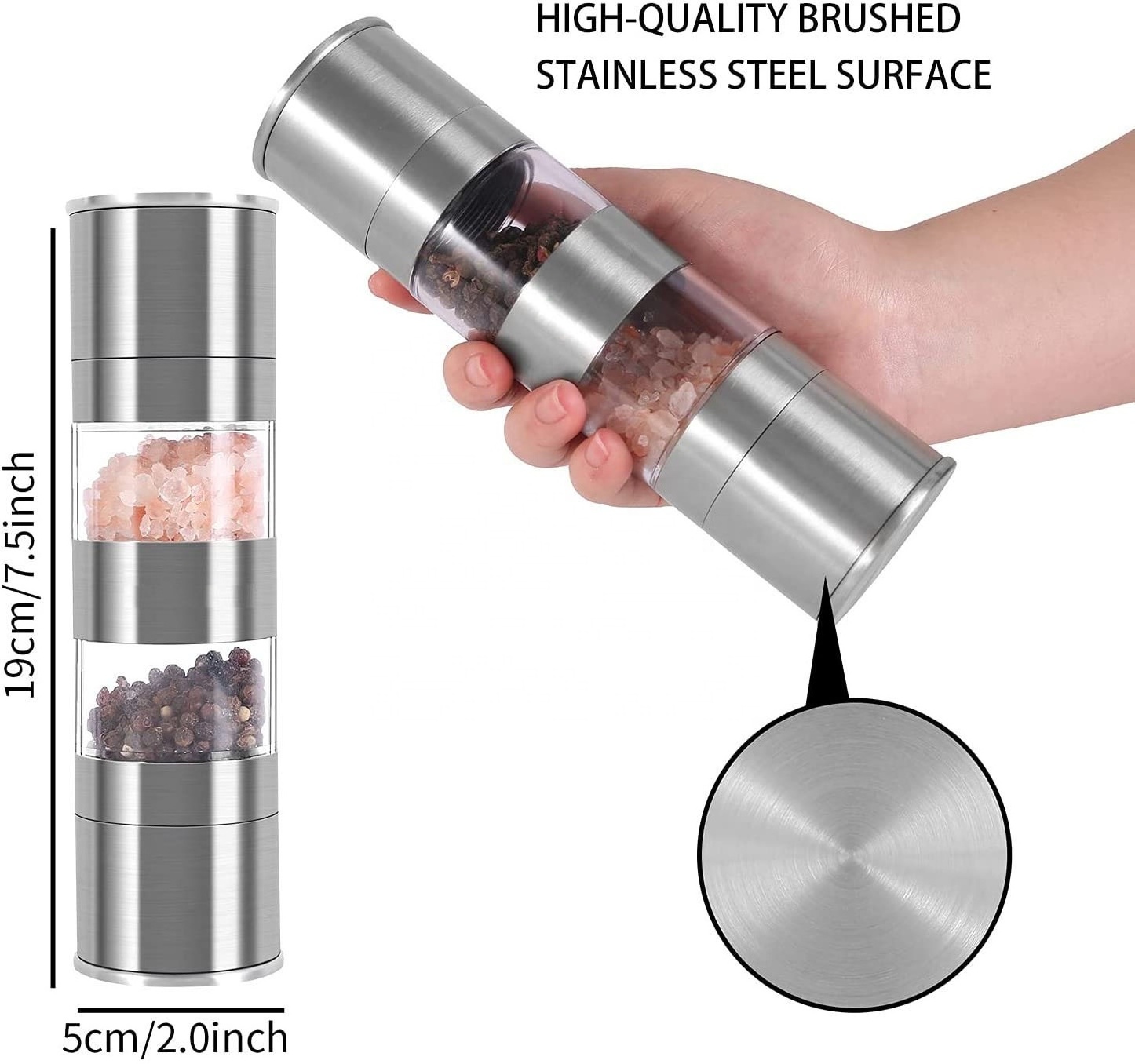 2 in 1 Salt and Pepper Grinder Ceramic Core Salt and Pepper Mill Stainless Steel Salt Grinder Adjustable Coarseness Spice Mill