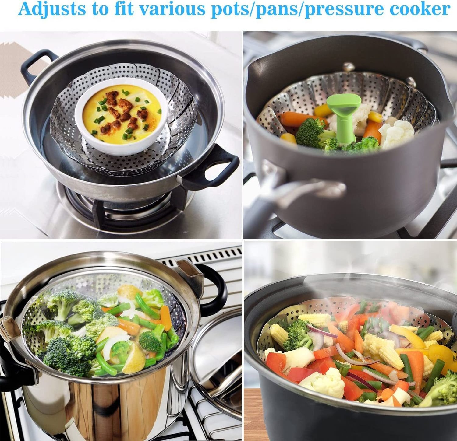 Multifunction Cooker Collapsible Vegetable Folding Mesh Strainer Food Expandable Bamboo Stainless Steel Steamer Basket