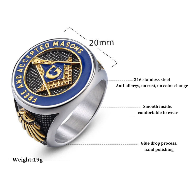 Manna Fashion Religious Stainless Steel Masonic Ring  Hip Hop Punk Freemason Ring For Men's Jewelry