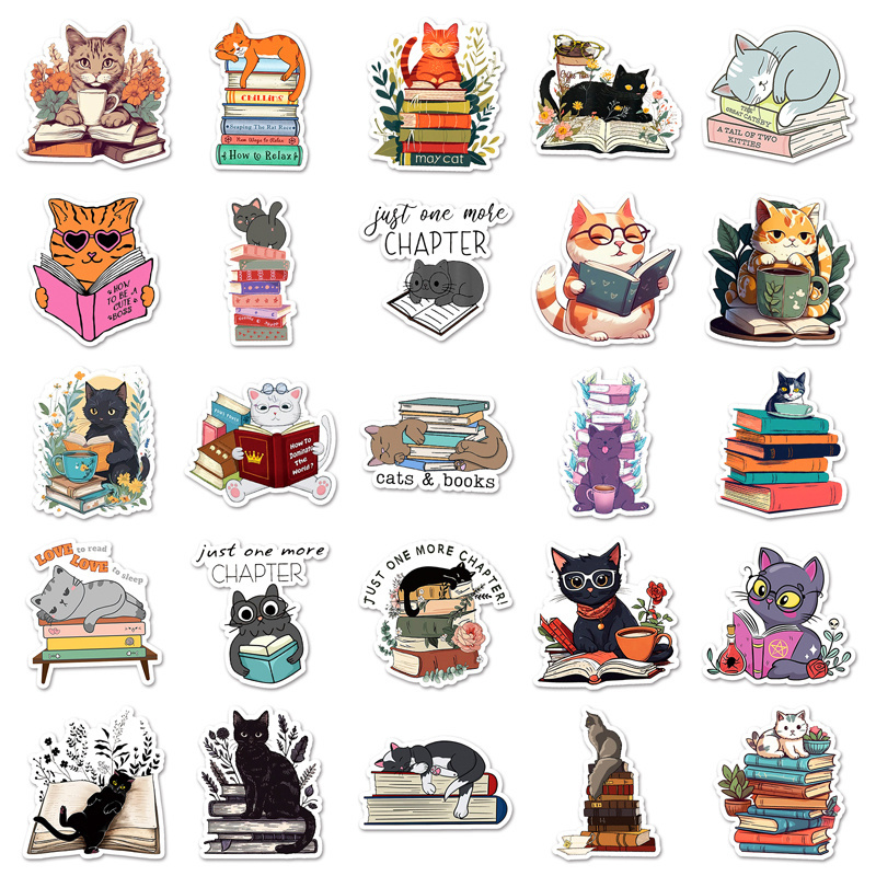 50pcs High Quality Decorative Waterproof Custom Sticker Kawaii Animal And Book Graffiti Cat reading Sticker