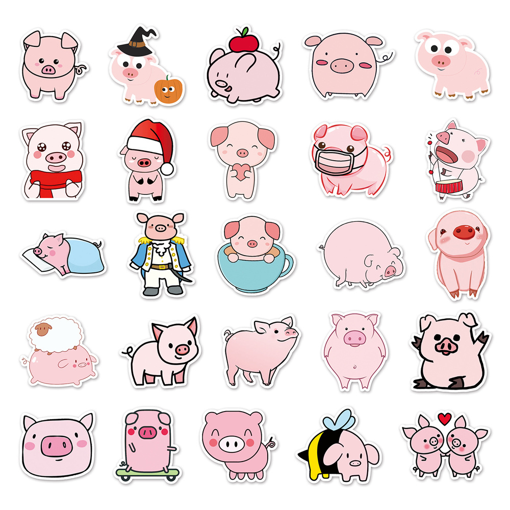 High Quality 50Pcs Animal Piglet Cartoon Anime Custom Sticker Die Cut Printing Wall Sticker