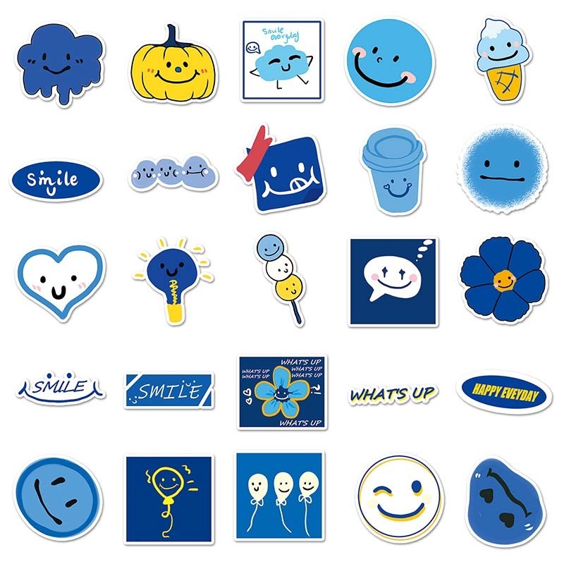 50 PCS High Quality Baby Room Decor Wall Sticker Waterproof Printing PVC Cartoon Original Blue Smile Stickers