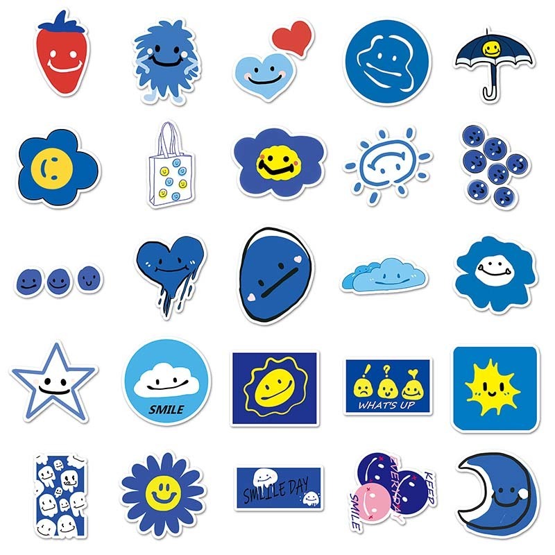 50 PCS High Quality Baby Room Decor Wall Sticker Waterproof Printing PVC Cartoon Original Blue Smile Stickers