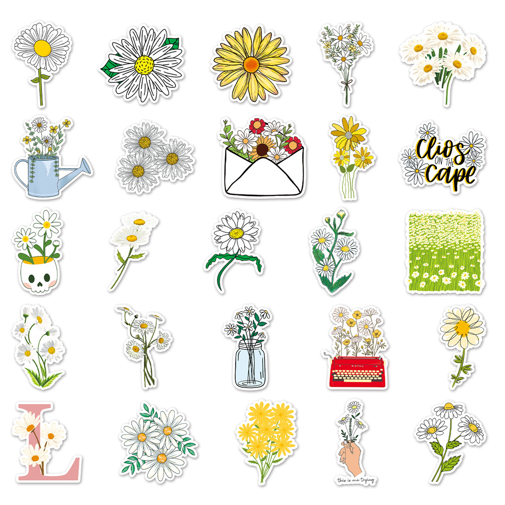 50pcs Factory Wholesale INS Plant Little Daisy Graffiti Cartoon Sticker Decorative Laptop iPad Vinyl Waterproof Stickers