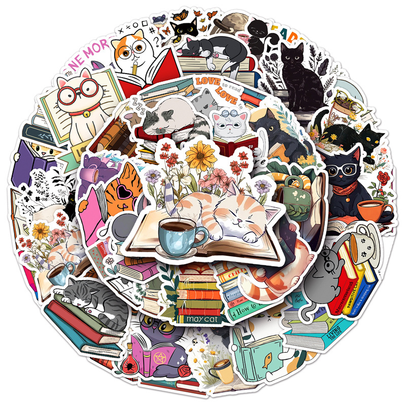 50pcs High Quality Decorative Waterproof Custom Sticker Kawaii Animal And Book Graffiti Cat reading Sticker