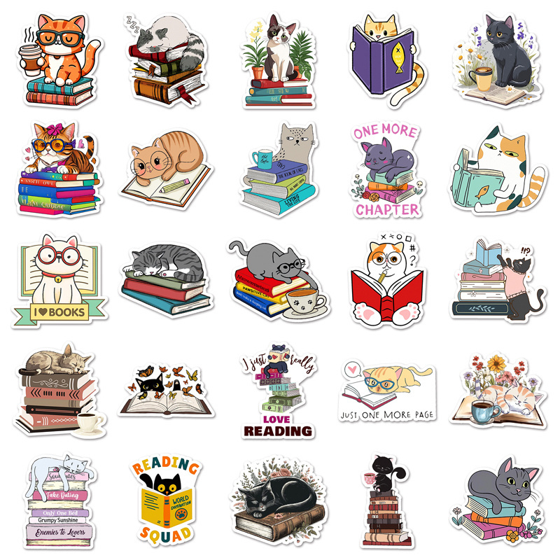 50pcs High Quality Decorative Waterproof Custom Sticker Kawaii Animal And Book Graffiti Cat reading Sticker