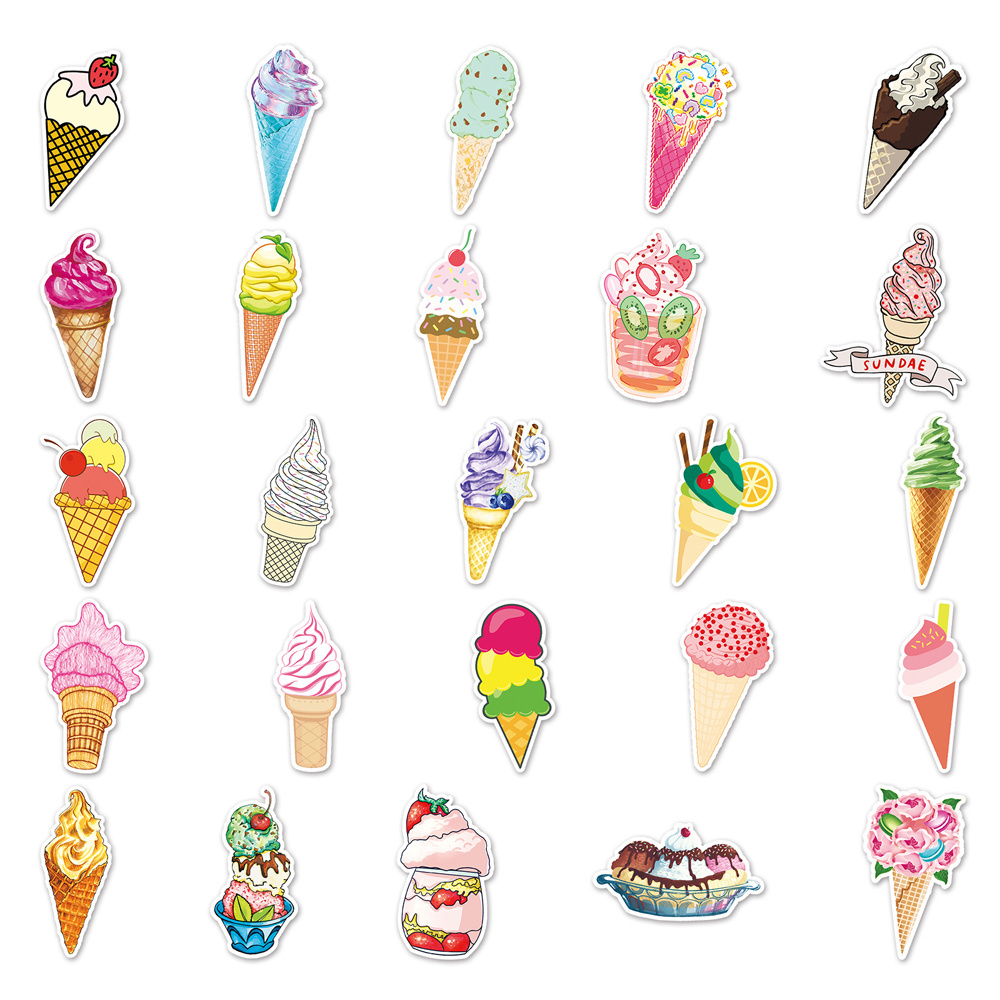 Low Price 50pcs Ice Cream Dessert Cartoon Sticker Decorative Laptop Computer Skateboard Vinyl Waterproof Sticker