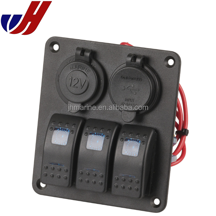 12V automotive car marine Switches 3 gang rocker switch panel with usb socket