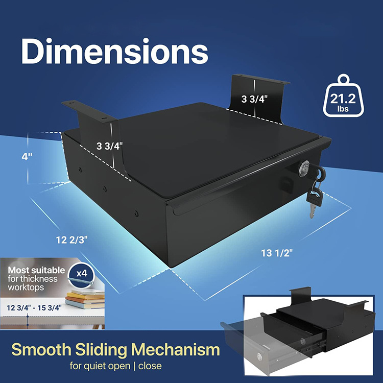 JH-Mech Office Large Under Desk Sliding Pull-Out Drawer With Lock and Keys Mount Below Table Metal Under Desk Storage Drawer