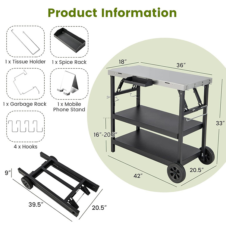 JH-Mech Outdoor Multifunctional Durable Three-Shelf Stainless Steel BBQ Table with Two Wheels Portable Mobile Grill Cart