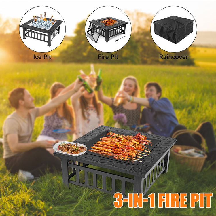 JH-Mech 32 Inch Stove Bonfire Pit For Patio Backyard Garden Camping Fire Pit Table Outside Outdoor Square Metal Fire Pit Bowl