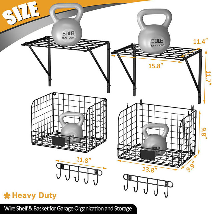 JH-Mech 2 Pack Garage Shelves Wall Mounted With Wire Baskets Home Garden Garage Organization Heavy Duty Wire Mesh Basket Shelf