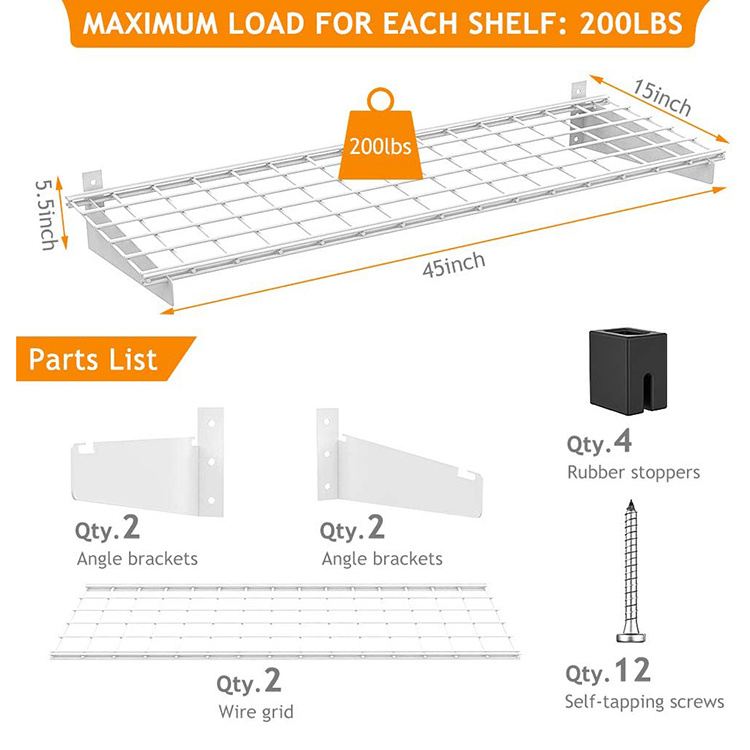 JH-Mech Two Packs Max Load 400lb Heavy Duty Wall Shelf 2x4ft Garage Storage Rack White Floating Shelves