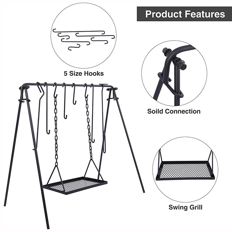 JH-Mech Grill Swing Campfire Cooking Stand with Adjustable Chains and Hooks Safe and Stable Campfire Grill Grate