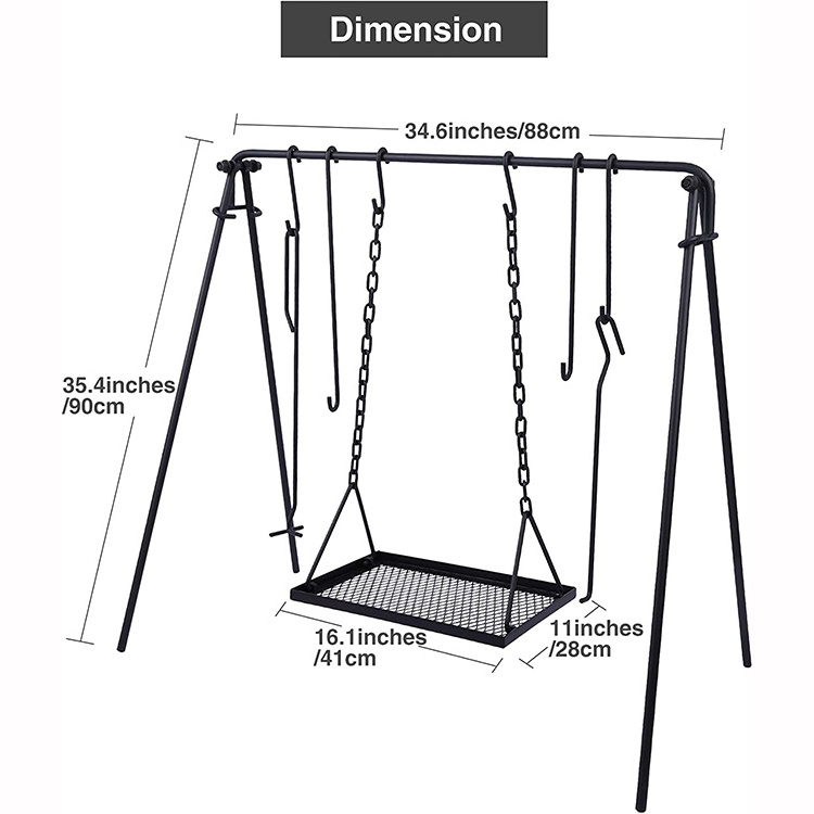 JH-Mech Grill Swing Campfire Cooking Stand with Adjustable Chains and Hooks Safe and Stable Campfire Grill Grate