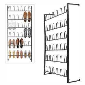 JH-Mech Entryway Shoe Organizer Shelf for Closet with 36 Hooks Black 18 Pairs Steel Wall Mounted Shoe Rack