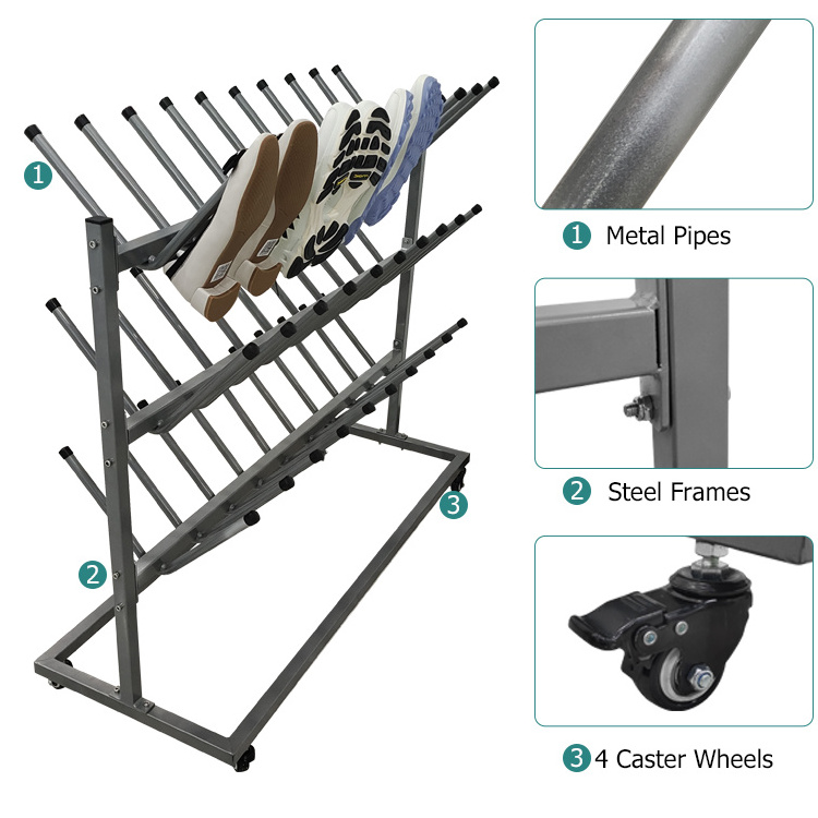 JH-Mech Metal Shoe Display Rack with Four 360 Degrees Caster Wheels Flexible Mobility 30 Pairs Stainless Steel Mobile Boot Rack