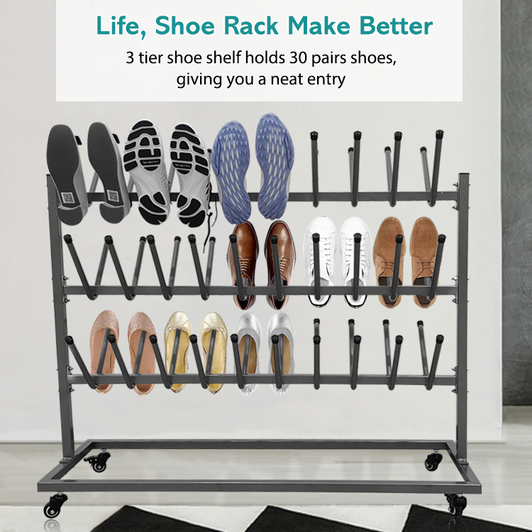 JH-Mech Metal Shoe Display Rack with Four 360 Degrees Caster Wheels Flexible Mobility 30 Pairs Stainless Steel Mobile Boot Rack